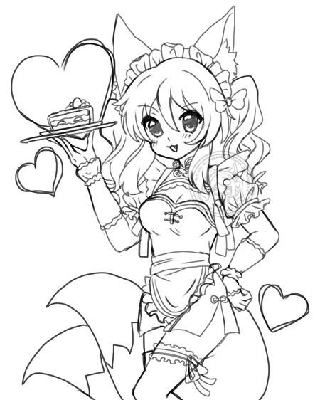 Welcome Art Nyiminin the art fox holding a strawberry cake slice which is the signature dessert of the cafe. Her other hand is on her hip and she is smiling
