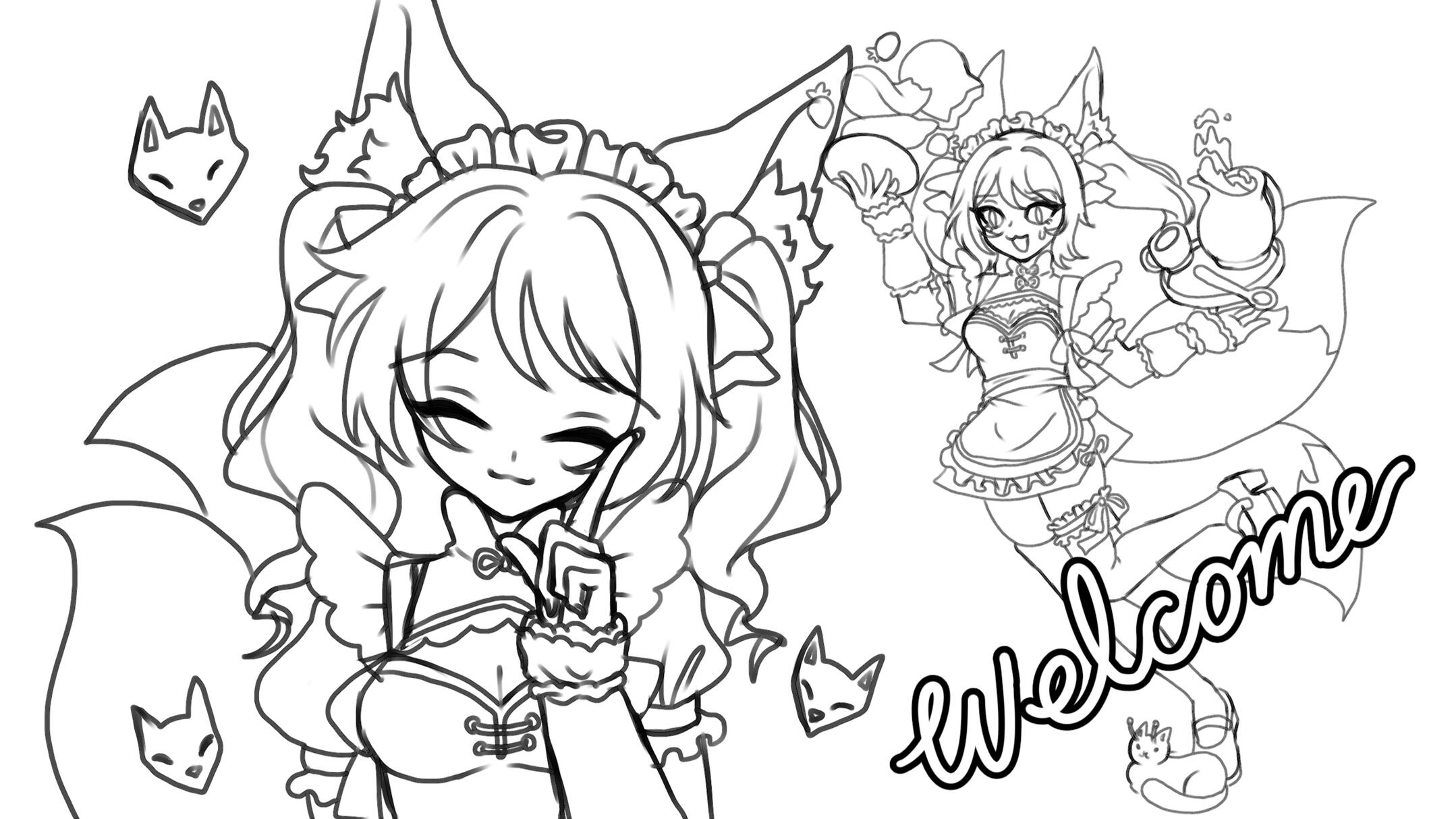 Nyiminin the art fox holding a strawberry cake slice which is the signature dessert of the cafe. Her other hand is on her hip and she is smiling